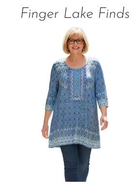 Ruby Rd. Blue & Green Printed Long-Sleeve Tunic Top